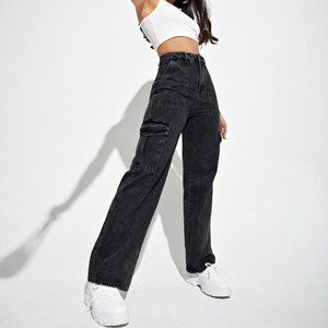 Black Casual Womens High Waist Flap Pocket Side Cargo Jeans